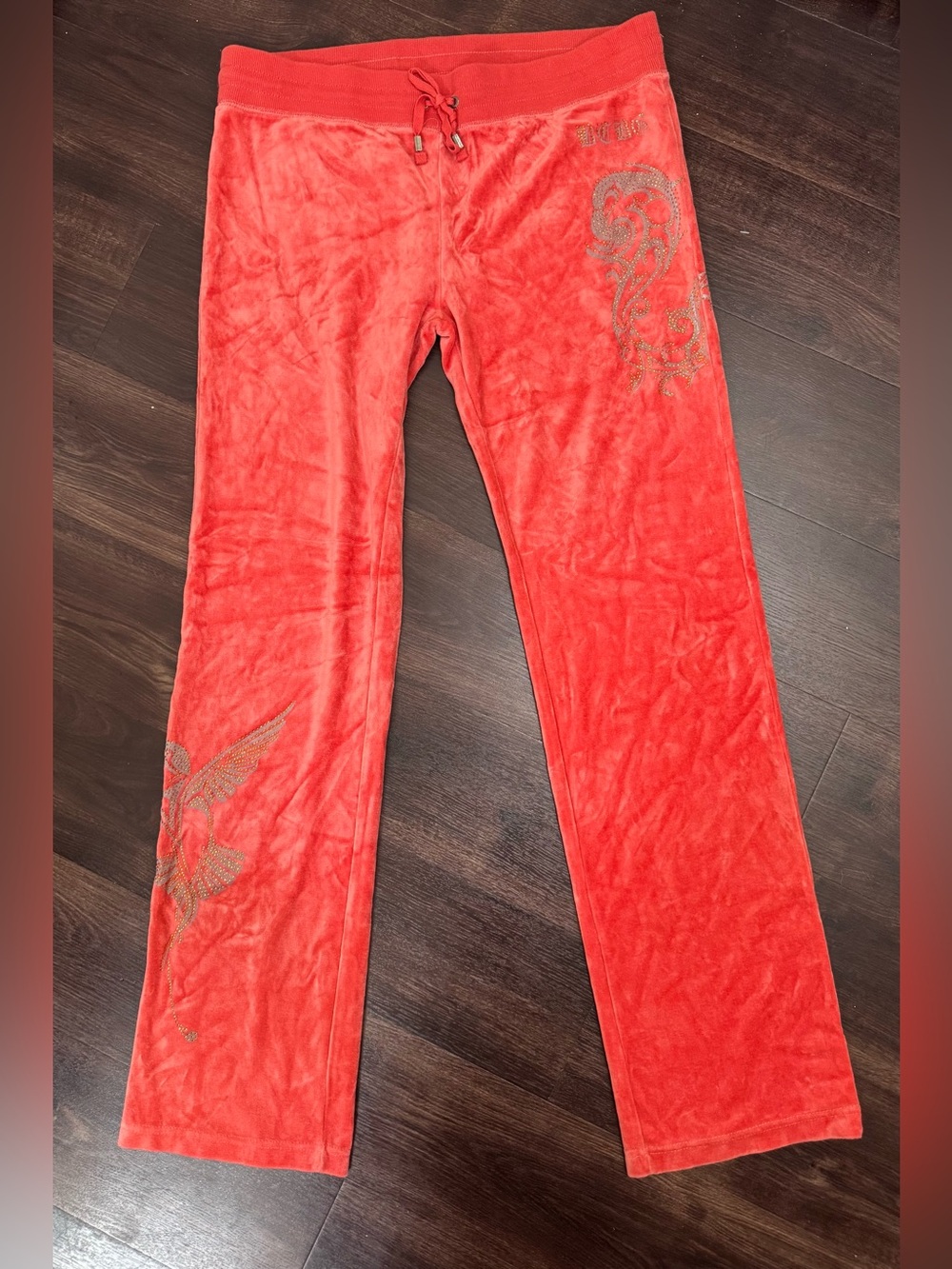 BCBGMaxAzria Coral Red Embellished Velour Track Pants